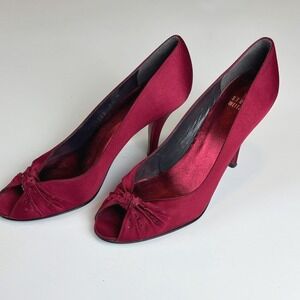 Stuart‎ Weitzman Burgundy Satin Bow Peep-Toe Pumps Women's Size 7.5